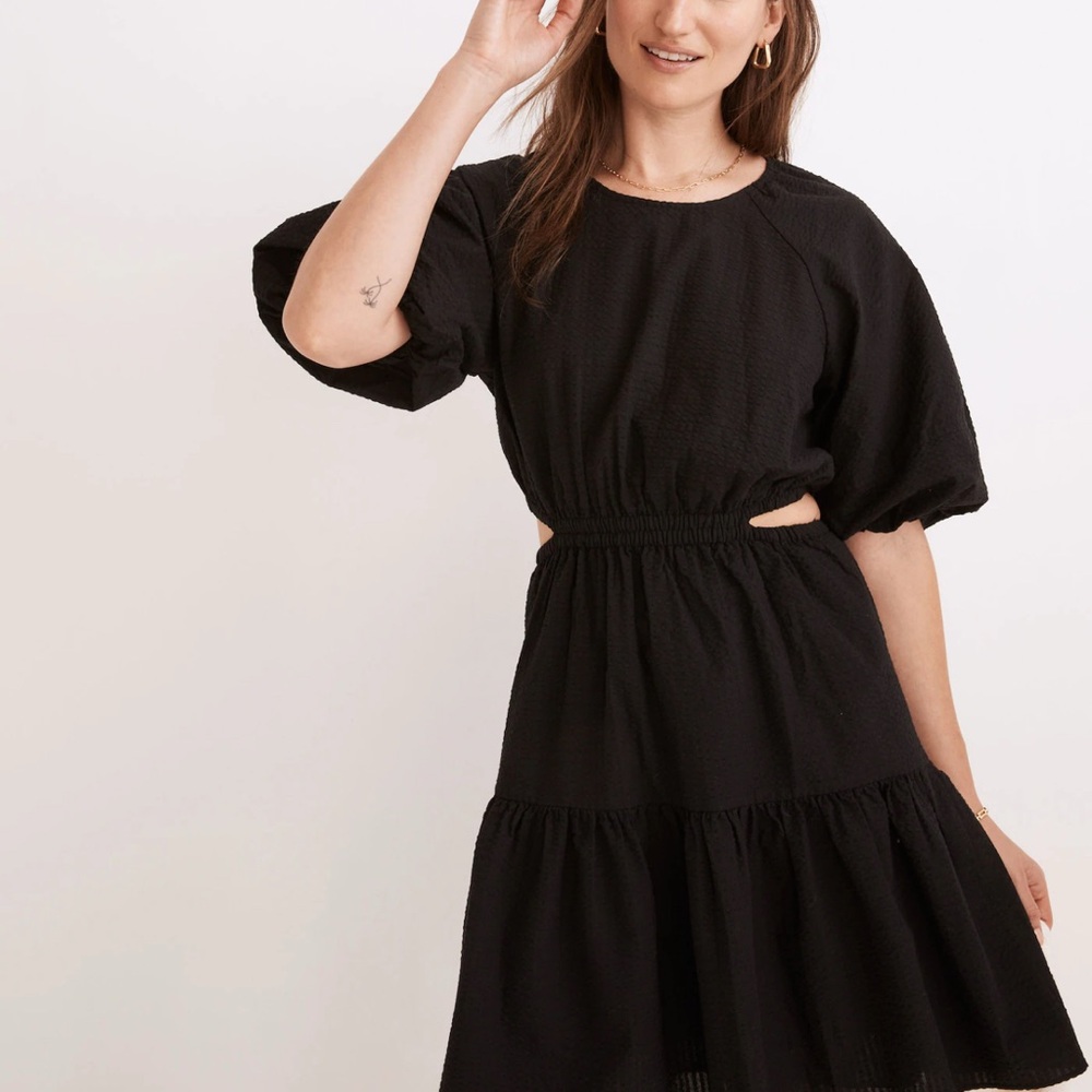 Madewell Seersucker Puff Sleeve Cutout Mini Dress